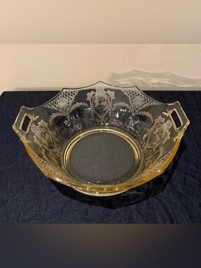 Vintage Fostoria Amber Glass Dancing Girl Etched Console Bowl - Double Handled